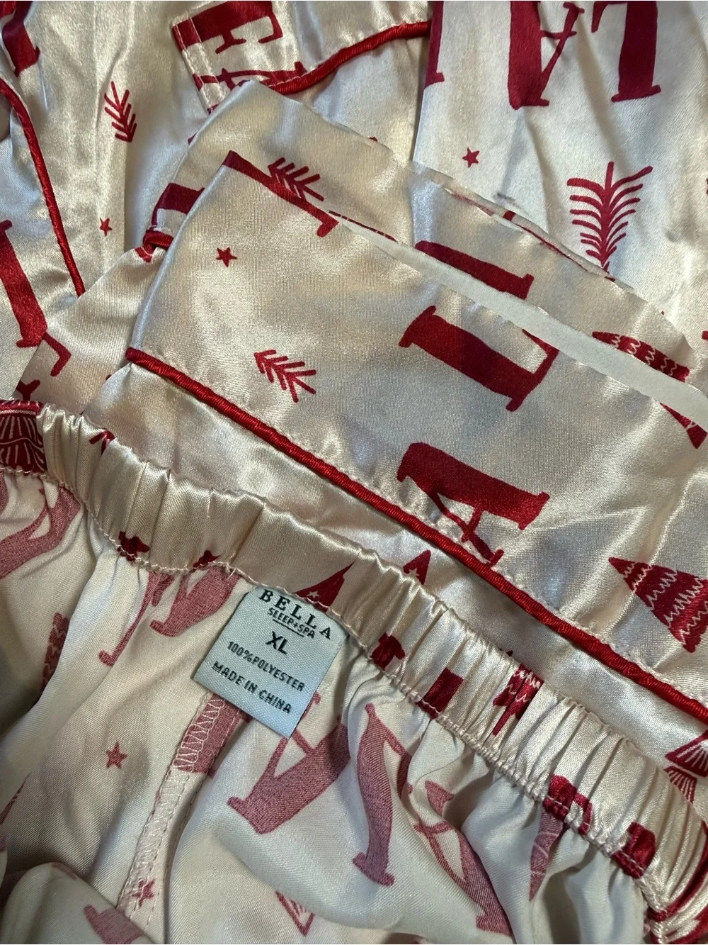 Bella Satin Pajama Set Champagne Light Pink Red Fa La La Christmas PJs - Picture 3 of 3
